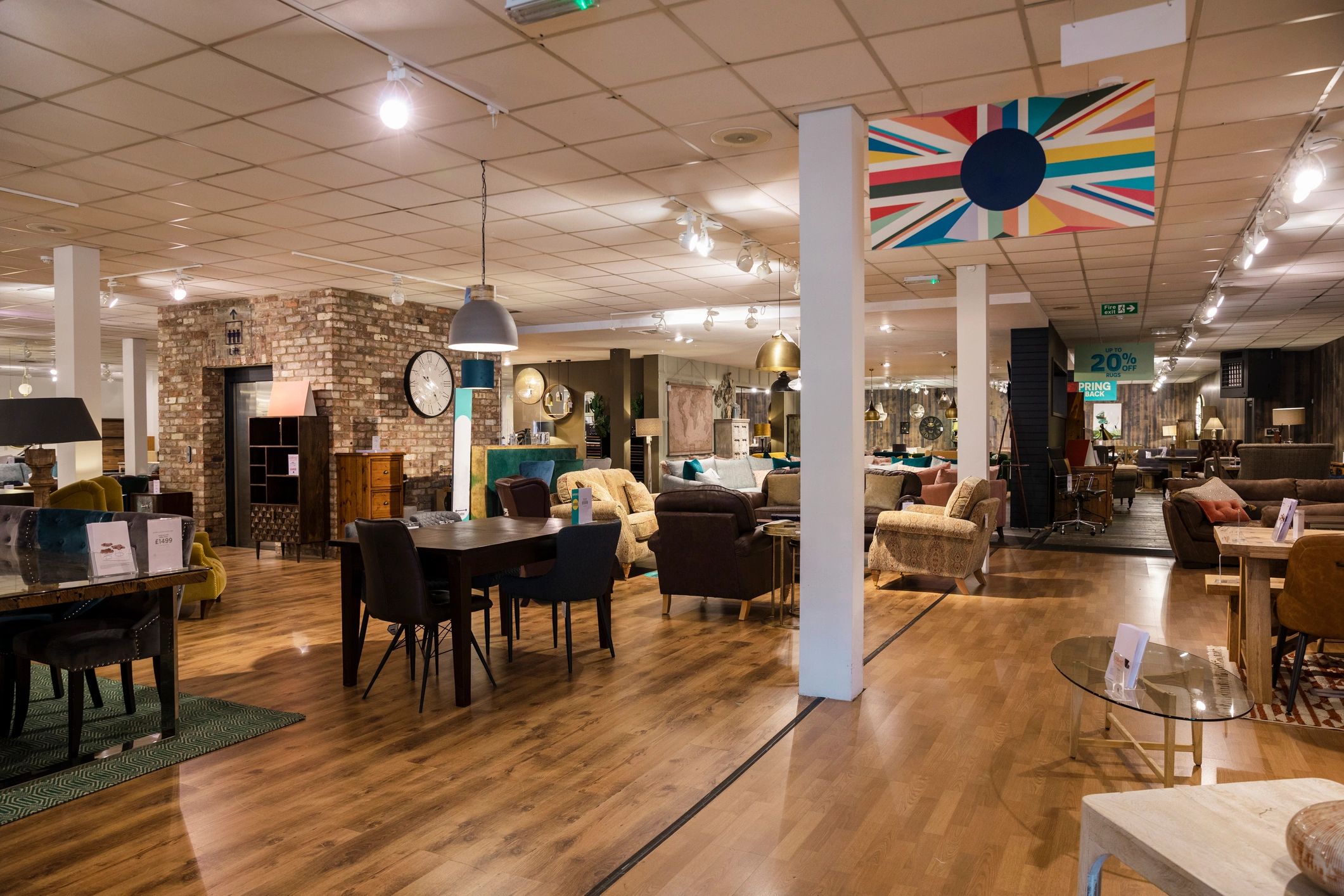 Furniture showroom with staged dining areas