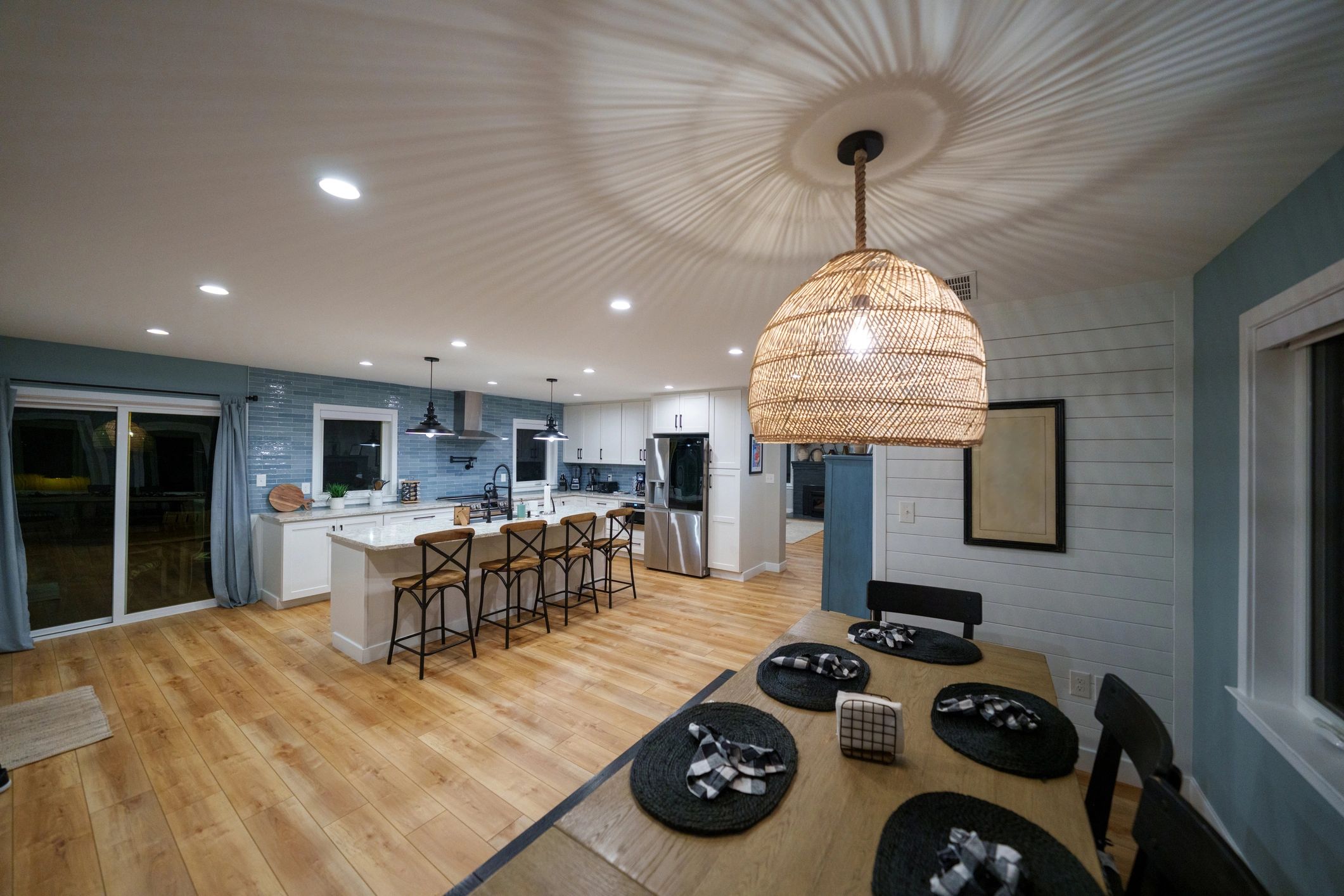 Finished modern kitchen and dining area after renovation